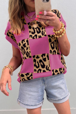 Rose Red Leopard Checkerboard Short Sleeve Knit Sweater LC2771287-P622