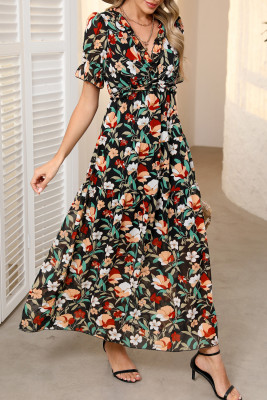 Black Fiery Floral Print Frilled V Neck Short Sleeve Maxi Dress LC6110075-2
