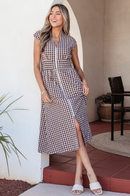 Coffee Plaid Print Full Zipper Cinched Waist Fit Flare Sleeveless Maxi Dress LC6127610-P1017