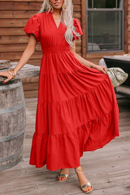 Coral Solid Color V Neck Short Puff Sleeve High Waist Tiered Maxi Dress DLM61282445-P803