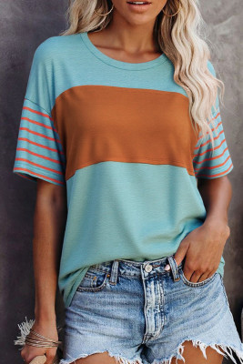 Mint Green Color Block Striped Detail Loose T Shirt LC25223790-P1009