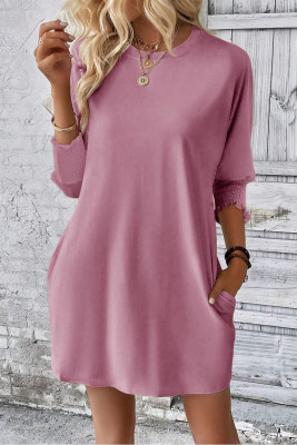 Pink Shirred Cuff 3/4 Sleeve T Shirt Mini Dress LC6122176-P10