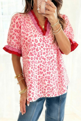Pink Stripe Ruffled Trim V Neck Leopard Print Short Sleeve Blouse LC25135896-P1019