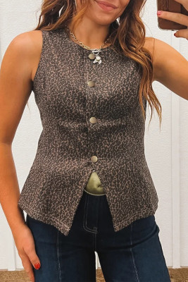 Brown Leopard Print Slim Denim Vest LC790216-P1720