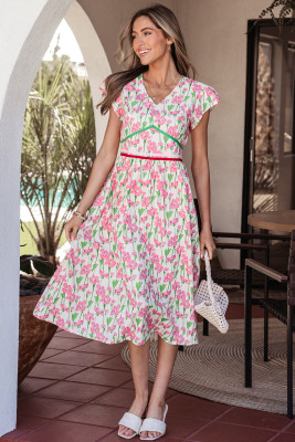 Pink Floral Print Contrast Trim V Neck Short Sleeve Elegant Midi Dress LC6127918-P1020