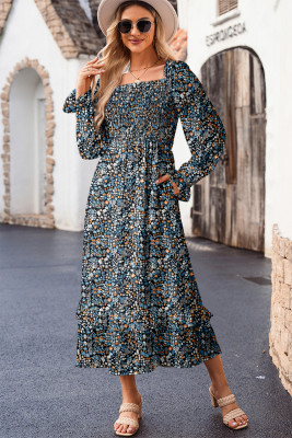 Blue Floral Print Long Sleeve Square Neck Smocked Maxi Dress LC6121289-P520