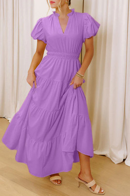 Lavendula Solid Color V Neck Short Puff Sleeve High Waist Tiered Maxi Dress DLM61282445-P908