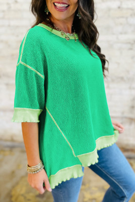 Mint Green Loose Uneven Hem Twist Ribbed T Shirt LC25230892-P1009