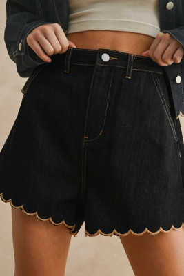 Black Embroidered Scalloped Trim Relaxed Denim Shorts LC7832320-P2