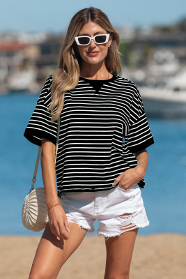 Black Stripe Ribbed Patchwork Seam Detail Half Sleeve Tee LC25230613-P219