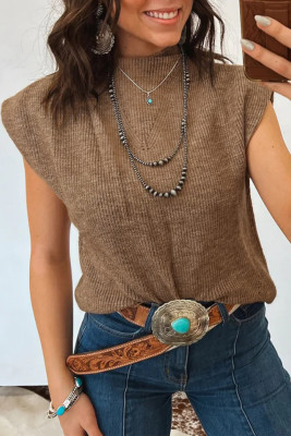 Light French Beige Solid Color Ribbed Knit Mock Neck Loose Sleeveless Sweater LC2771444-P4016