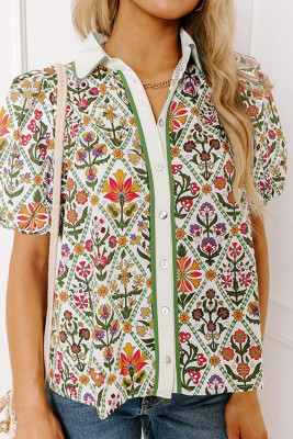 Green Short Bubble Sleeve Floral Shirt LC2557472-P920