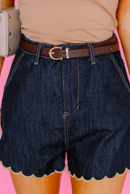 Navy Blue Embroidered Scalloped Trim Relaxed Denim Shorts LC7832320-P605