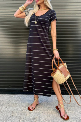 Black Stripe Casual Short Sleeve Side Slit Maxi T Shirt Dress LC6127660-P219