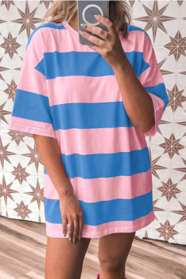 Bright Pink Striped Color Block Oversize Tunic Tee LC25230714-P106
