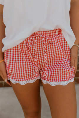Red Gingham Plaid Tie Elastic Waist Lace Patchwork Hem Casual Shorts LC7311385-P322
