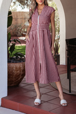 Red Plaid Print Full Zipper Cinched Waist Fit Flare Sleeveless Maxi Dress LC6127610-P10320