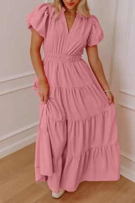 Gossamer Pink Solid Color V Neck Short Puff Sleeve High Waist Tiered Maxi Dress DLM61282445-P1710