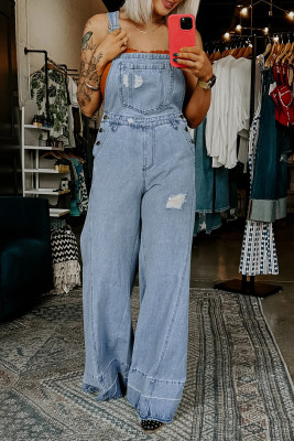 Mist Blue Retro Distressed Button Adjustable Straps Denim Overall Jumpsuit LC784980-P204