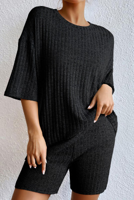 Black Soft Ribbed Loose Tee Slim Shorts 2pcs Sporty Set LC626861-P2