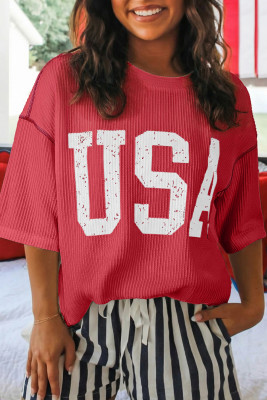 Fiery Red USA Graphic Half Sleeve Loose Ribbed Top LC25136759-P3