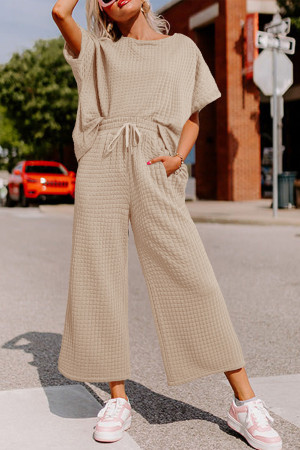 Oatmeal 3D Lattice Texture Sporty Dolman Top Drawstring Pants Set LC626833-P1015