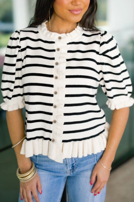 Beige Stripe Ruffle Trim Button Down Knit Short Sleeve Sweater Cardigan LC2712882-P1519