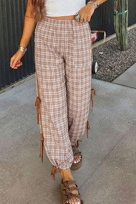 Chestnut Plaid Print Elastic Waist Bow Tie Contrast Detail Jogger Pants LC7714316-P2017