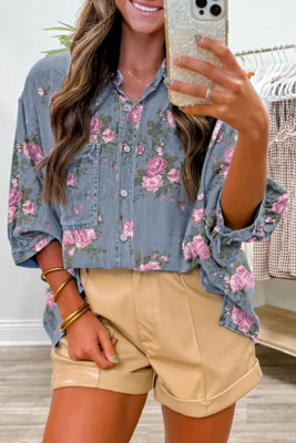 Blue Bracelet Sleeve Floral Denim Shirt LC7821572-P520