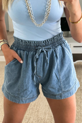 Dusk Blue Smocked Elastic Waist Denim Shorts LC7876647-P704