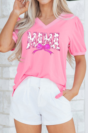 Bonbon Floral MAMA Lettering Sequin Bow V Neck Top LC25137840-P3010