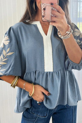 Myosotis Color Block Patchwork V Neck Embroidered Puff Sleeve Babydoll Blouse LC25135657-P1204