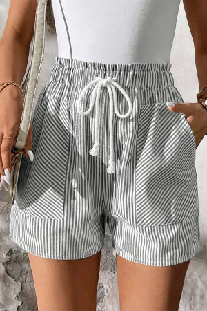 Gray Stripe Lace-up Elastic Waist Casual Pocketed Shorts LC7311456-P1119