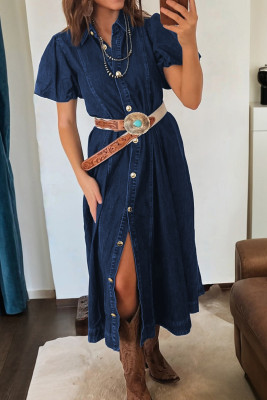 Sail Blue Full Buttons Collared Short Bubble Sleeve Long Denim Dress LC7861243-P905