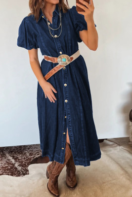 Sail Blue Full Buttons Collared Short Bubble Sleeve Long Denim Dress LC7861243-P905