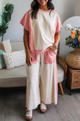 White Two-tone Color Block Patchwork Tee Drawstring Loose Pant Set LC629082-P101