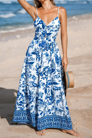 Sky Blue Twisted Bust Spaghetti Straps Backless Floral Maxi Dress LC6128379-P420