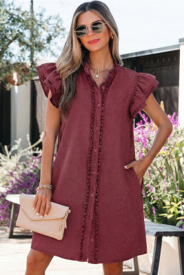 Red Sandalwood Frilled Detail Button Down Ruffle Short Sleeve Denim Mini Dress LC7861196-P3017