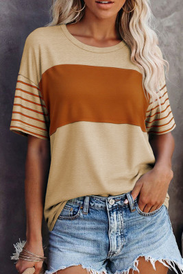 Tan Color Block Striped Detail Loose T Shirt LC25223790-P3016
