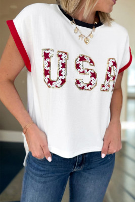 White USA Sequin Color Block Trim Loose T Shirt LC25231057-P1