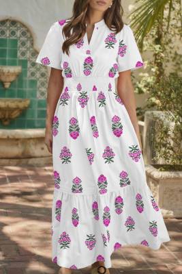 White Floral Print Split Neck Shirred High Waist Ruffle Hem Maxi Dress LC6127451-P120