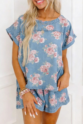 Sky Blue Retro Floral Print Cuffed Short Sleeve Top Loose Shorts 2pcs Denim Set LC7821670-P420