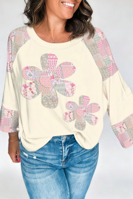 Beige Color Block Retro Floral Patchwork Long Sleeve Top LC25135803-P15