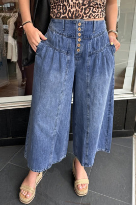 Dusk Blue High Rise Buttons Pleated Cropped Wide Leg Denim Pants LC7876622-P704