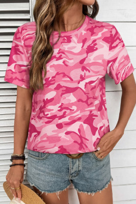 Pink Camouflage Print Crew Neck T Shirt LC25230050-P1020