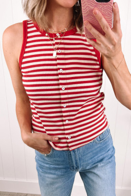 Red Stripe Buttoned Ribbed Knit Tank Top LC25613885-P319