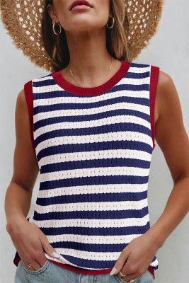Navy Stripe Pointelle Knit Contrast Trim Sleeveless Sweater Top LC276570-P10519