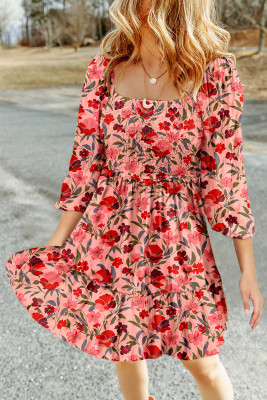Red Floral 3/4 Sleeve Square Neck Smocked Mini Dress LC6119147-P322