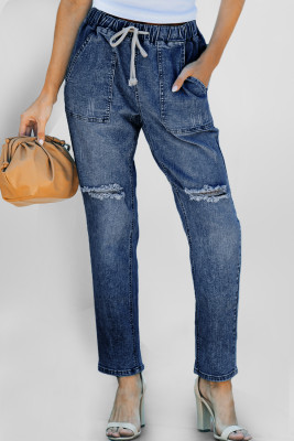 Dark Blue Gather Round Distressed Pocketed Denim Jogger LC786209-5