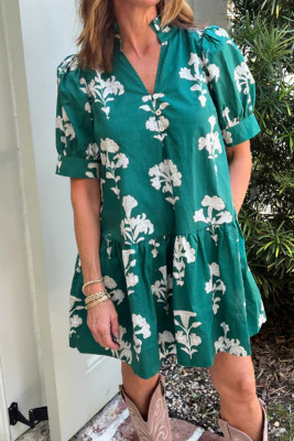 Green Frilled V Neck Puff Short Sleeve Floral Mini Dress LC6127917-P920